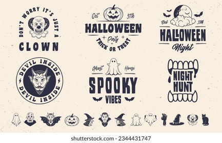 Halloween logo templates and 13 design elements. Halloween spooky and funny emblems templates. Devil, witch, Pumpkin, vampire, ghost, zombie hand, witch hat icons.Vector illustration