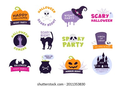 Halloween logo. Trick or treat labels and sticker for scary holiday with pumpkins, skulls and ghost. Happy Halloween party vector set. Scary holiday halloween logo, label party sticker illustration