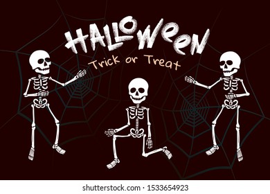 Halloween Logo and Trick or Treat Lettering with Big Skull Single Brush Stroke Style Skeletons Holidays Comic Creative Concept - White on Spider Web Background - Vector Mixed Graphic Design