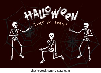 Halloween Logo and Trick or Treat Lettering with Simplified Single Brush Stroke Style Skeletons Holidays Comic Creative Concept - White on Spider Web Background - Vector Mixed Graphic Design