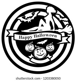 Halloween logo with witch, bats and pumpkins. Decoration for the holiday of all saints, Simple bright design, vector illustration.