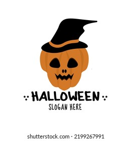 Halloween Logo for your design with hand drawn pumpkin and hat vector illustration. This illustration can be used as a greeting card, poster or print.
