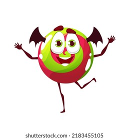 Halloween lollipop with bat wings. Cartoon naughty dragee vector character, funny dessert for kids trick or treat party. Isolated sweet monster patisserie personage with cute smile face, holiday snack