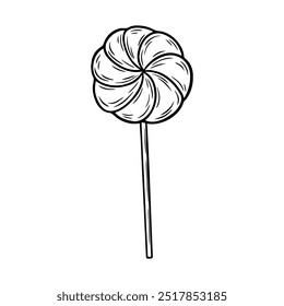 Halloween lollipop illustration in line art style. Graphic Christmas sweets monochrome drawing. Hand drawn outline sketch, engraved doodle illustration. For coloring book, invitation, decoration.