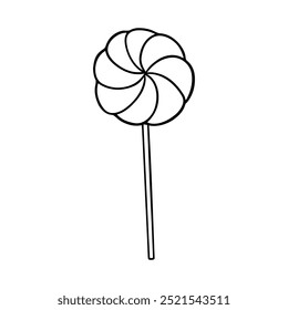 Halloween lollipop illustration in line art style. Graphic Christmas sweets monochrome drawing. Hand drawn outline sketch, engraved doodle illustration. For coloring book, invitation, decoration.