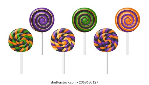 Halloween lollipops, candies on stick. Sweet spiral suckers, hard sugar candies with striped swirls, vector cartoon illustration isolated on white background