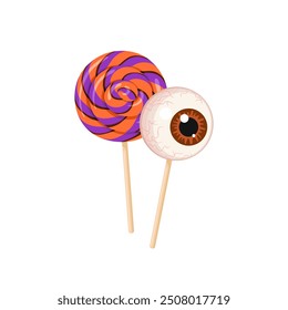 Halloween lollipops on stick isolated on white background. Candy caramel eye and lollipop swirl. Vector cartoon illustration of holiday scary treats.