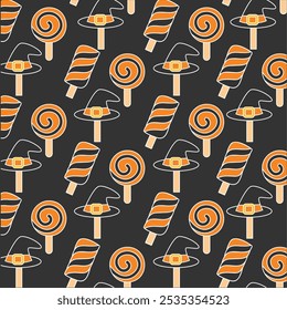 Halloween lollipops and witch hats seamless pattern Vector