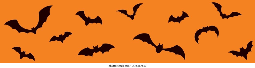 Halloween long banner with bats. Seamless pattern with simple bat silhouette.