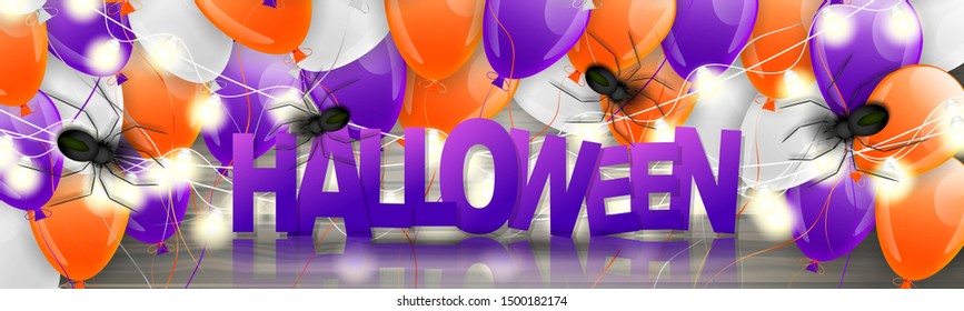 Halloween long banner or header. Orange and purple balloons, spiders and typography text on glass surface. Vector illustration.