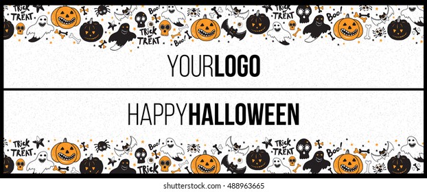 Halloween long horizontal banner for top and bottom of web site. Frame for party poster, flyer, card design with typography. Funny vintage concept with hand drawn illustration.