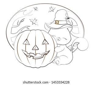 Halloween lovely cat, kitten, in the witch hat with a spider, embraces pumpkin, the coloring book