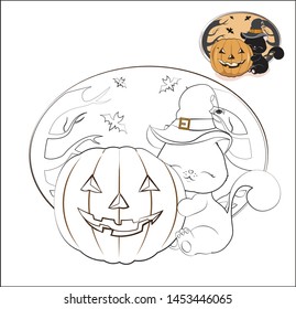 Halloween lovely cat, kitten, in the witch hat with a spider, embraces pumpkin, the coloring book
