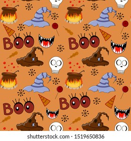 Halloween lunar festive seamless pattern background with hand drawing elements - leaves, oak, heat, witches, hat, eyes, holiday hat, sweets, lollipop, cauldron potion bonfire fire