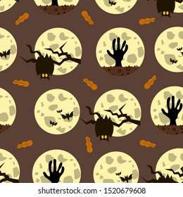 Halloween lunar festive seamless pattern background with hand drawing elements the moon, owls, bats, zombies, grave. Vector flat cartoon illustration.