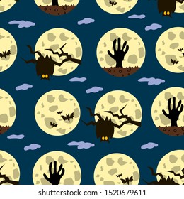 Halloween lunar festive seamless pattern background with hand drawing elements the moon, owls, bats, zombies, grave. Vector flat cartoon illustration.