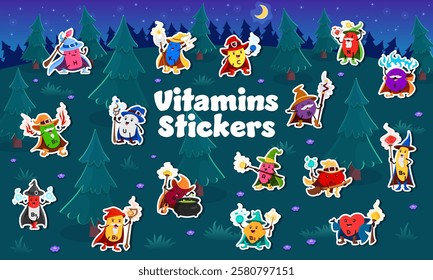 Halloween mage and sorcerer vitamin characters stickers pack. Cartoon vector food supplement capsules dressed as wizards and witches casting spells in whimsical night forest with cauldrons and wands