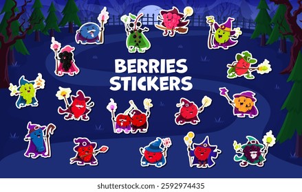 Halloween mage and witch berry characters stickers pack. Cartoon fruits with festive magical props like wands, hats, capes, and staffs in the night whimsical forest, embracing enchanting holiday vibe