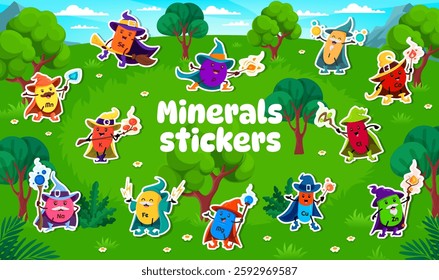 Halloween mage and witch micronutrient vitamin characters stickers pack. Cartoon vector sorcerer food supplement capsules dressed as wizards with brooms and wands casting spells in whimsical forest