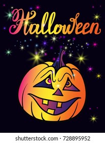 Halloween magic beautiful card with lettering and mysterious magic beautiful pumpkin