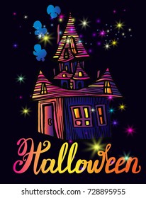 Halloween magic beautiful card with lettering and mysterious magic castle