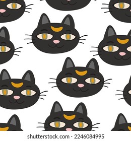 Halloween magic Black cat head vector seamless pattern. Funny character face texture.
