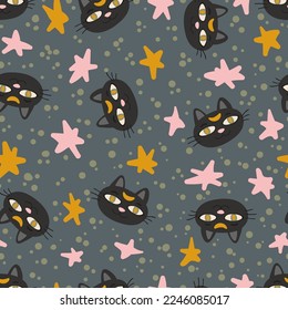 Halloween magic Black cat head. Funny character face vector illustration.