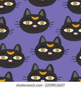 Halloween magic Black cat head. Funny character face vector illustration.