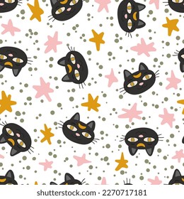 Halloween magic Black cat head. Funny character face vector illustration.