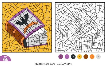 Halloween magic book. Color by number, education black and white game for children. Square coloring page