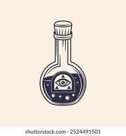 Halloween magic Bottle. Magic potion, Elixir icon. Vintage doodle style. Vector illustration