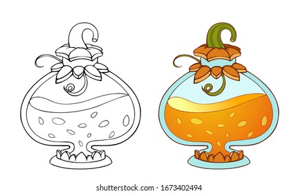 Halloween magic bottle with pumpkin juice. Hand drawn vector icon. Can be used for cards, coloring books, tattoo etc.