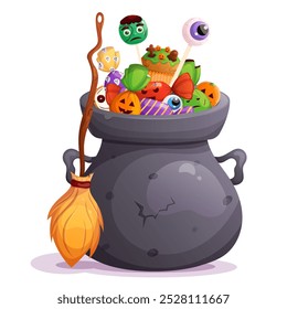 Halloween magic cartoon witch pot full of spooky candy and broom isolated on white. Trick or treat party element.