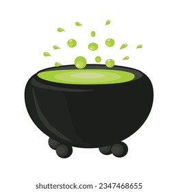 Halloween magic cauldron with green potion with boiling magic brew. Vector illustration isolated on white background.