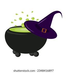 Halloween magic cauldron with green potion with boiling magic brew and witches pointed hat. Vector illustration isolated on white background.