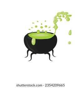 A Halloween magic cauldron with a green potion and a boiling magical drink that spills out. Vector illustration isolated on white background.