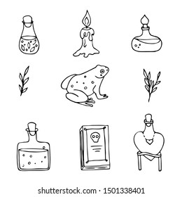 Halloween magic collection. Hand drawn sketch elements of design. The objects for ritual. Outline vector  illustration.