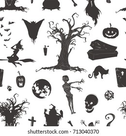 Halloween Magic collection, witch attributes, creepy and spooky elements for halloween decorations, doodle silhouettes, sketch, sticker. Seamless patterns, boards. Hand drawn vector illustration.