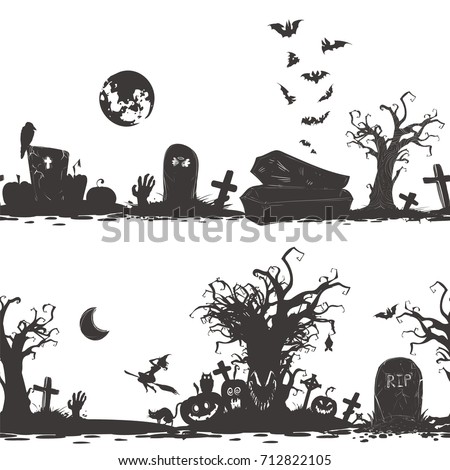 Halloween Magic collection, witch attributes, creepy and spooky elements for halloween decorations, doodle silhouettes, sketch, sticker. Seamless patterns, boards. Hand drawn vector illustration.