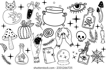 Halloween magic doodle set, vector, cheeky illustrations, hand drawn