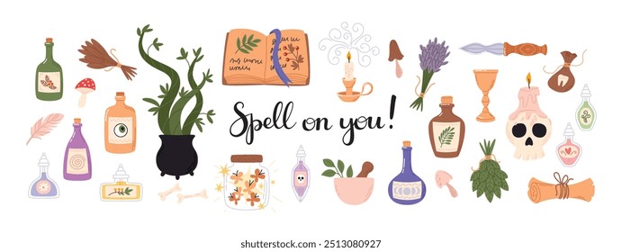 Halloween magic elements set. Witchcraft vector illustrations collection