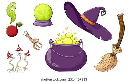 Halloween magic elements set. Witchcraft vector illustrations collection. Cartoon witch hat, magic ball, poisoned apple, broom, fly agaric, chicken leg, cauldron. Hand drawn print for stickers, decor