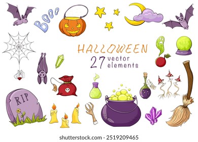 Halloween magic elements set. Witchcraft vector illustrations collection. Cartoon witch hat, magic ball, poisoned apple, broom, bats, jack o lantern, cauldron. Hand drawn print for stickers and decor