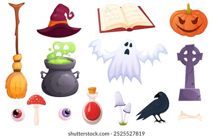 Halloween magic elements set. Witchcraft cartoon items collection isolated ob white. Game ui icons.