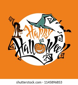 Halloween.  Magic fairy-tale lettering. All saints ' day card. Cartoon pumpkin monster. Witch hat. Black cat monster. On the background of the full moon. Vector