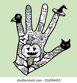 Halloween magic hand. Black and white on grey. Backgrounds & textures shop.