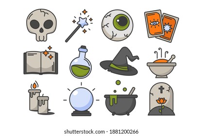 Halloween magic icon set. Vector illustration with , skull, hat,  book and etc. It can be used for halloween magic party, posters, greeting cards, fashion design.