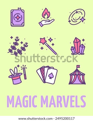 Halloween Magic Marvels Placard Poster Banner Card Template Include of Rabbit in a Magic Hat and Wand. Vector illustration