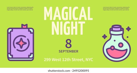 Halloween Magic Nigh Party Horizontal Placard Poster Banner Card Template with Potion Bottle and Spell Book. Vector illustration