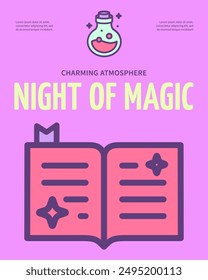 Halloween Magic Nigh Party Vertical Invitation Placard Poster Banner Card Template with Open Spell Book. Vector illustration